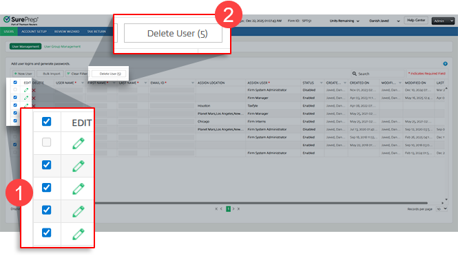 In account admin, user management page, checkboxes selected for multiple user then select the Delete User button
