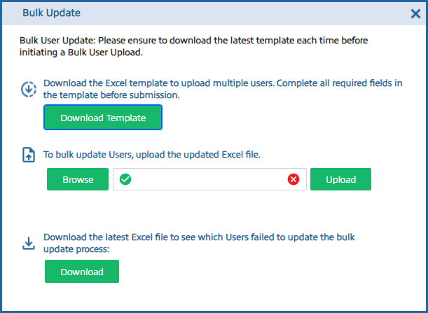 Bulk Update modal window, you can select the Download template button