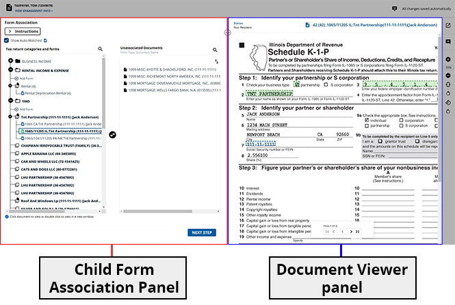 Child Form Association and Document Viewer panels