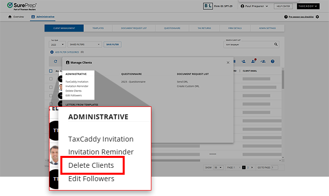 Select Delete Clients from the Manage Clients menu.