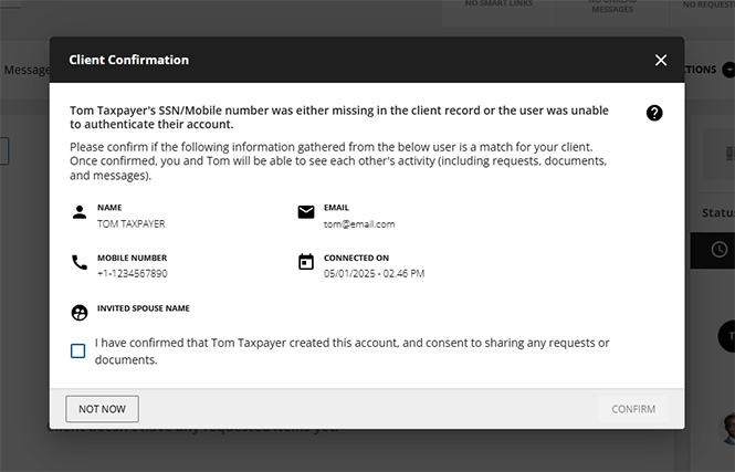 Client Confirmation window in the client profile.