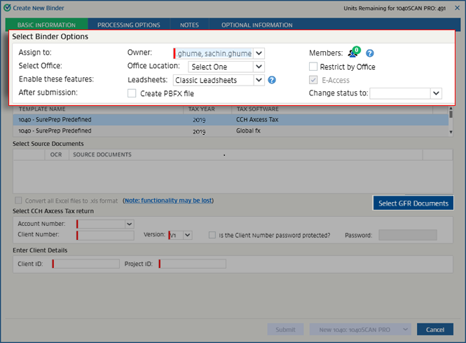 Select Binder Options section