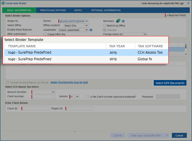 Select Binder Template section