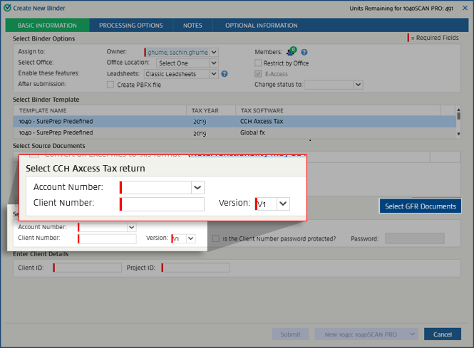 Select CCH Axcess Tax return section