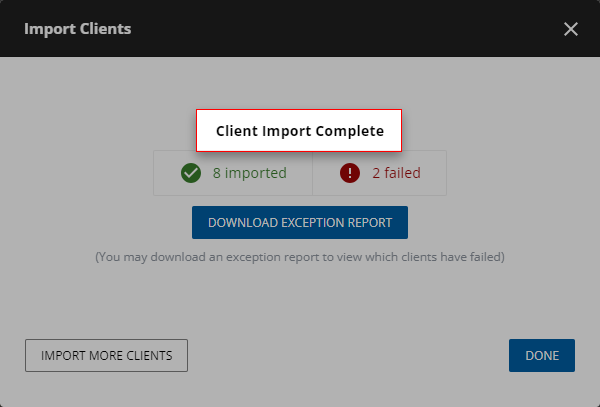 Indication that the client import process has completed.
