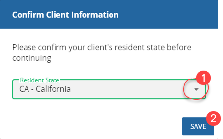 Confirm Client Information dialog box asking users to confirm Resident State.