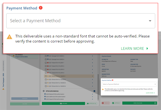 Notification that the tax payment cannot be auto-verified.