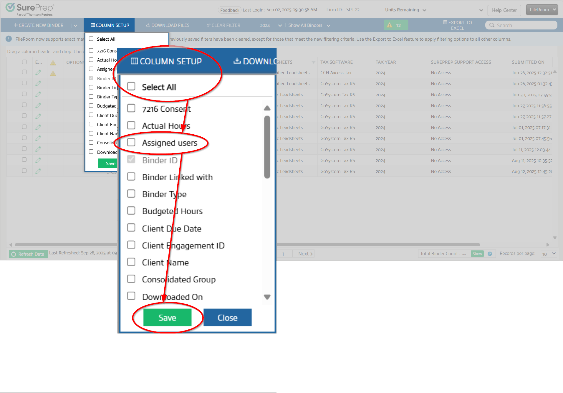 Select COLUMN SETUP, Assigned users, then Save