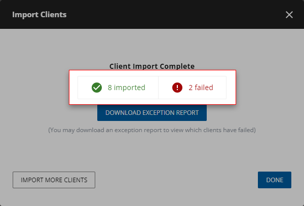 The Import Clients window displaying a count of successful and failed imports.