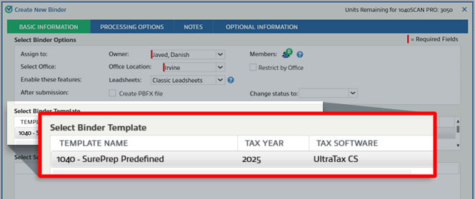 TAX SOFTWARE column in the Create New Binder window