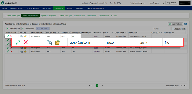 New binder template in the Binder Template Setup table.