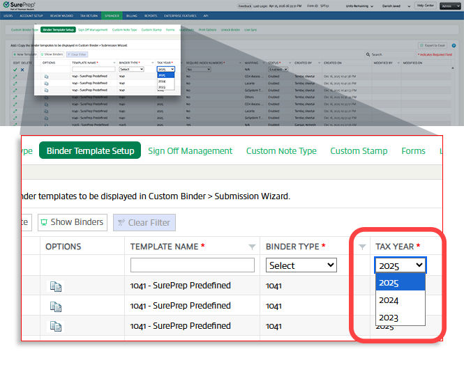 tax year selector menu when creating a new template in the binder template page