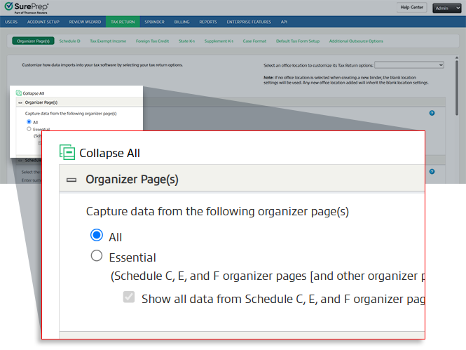 Organizer Pages options