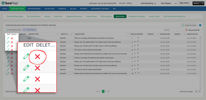 Delete the selected quick note.