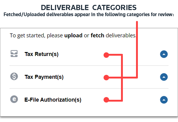 Three deliverable categories: Tax Returns, Tax Payments, and E-File Authorizations.