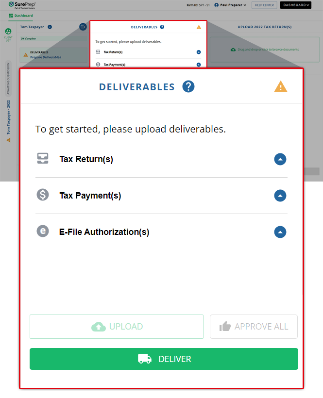 DELIVERABLES checklist appearing in the middle panel.