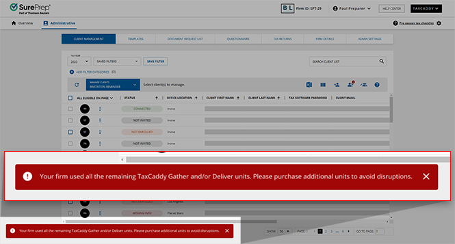 Notification that a client has used all of its Gather and Deliver units.