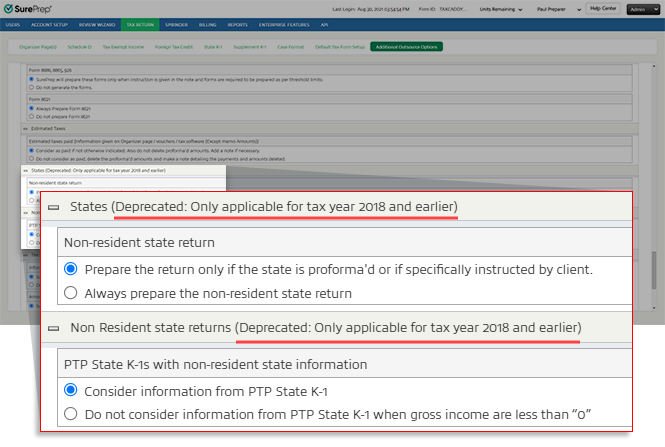 Deprecated states and non state tax returns.