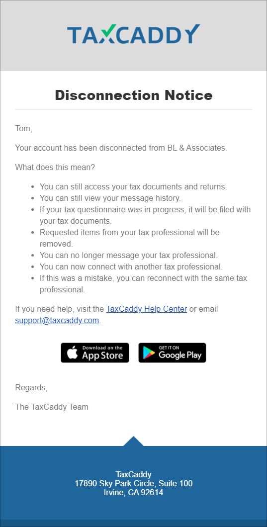 Disconnection Notice email notification.