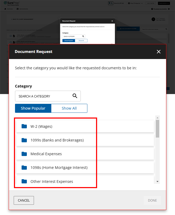 Document Request window.