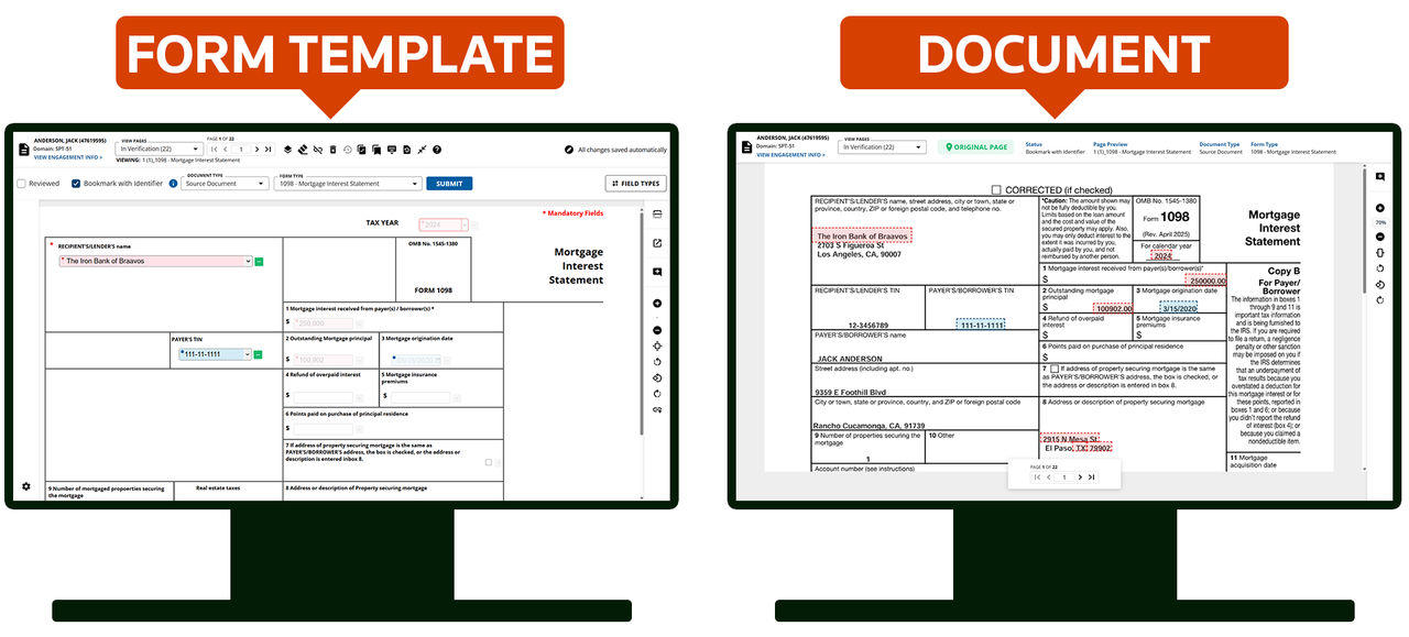 Two monitors, the left monitor has Form Templates in fullscreen and the right monitor has the document in full screen