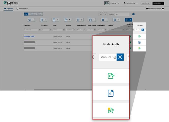E-File Authorization column in the Overview screen.