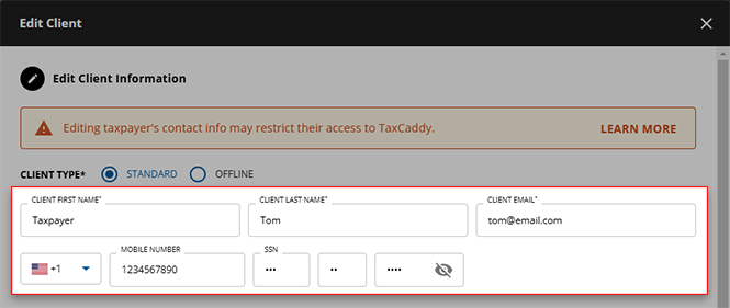 Highlight of contact information fields.
