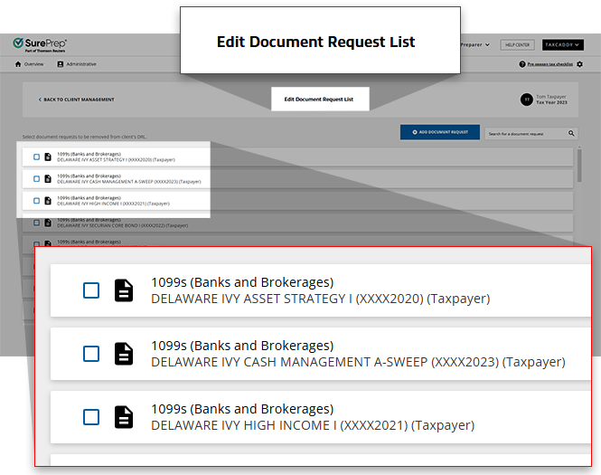 Edit Document Request List screen.