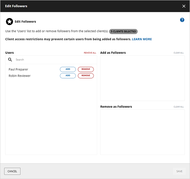 Edit Followers window.