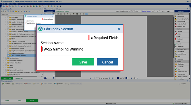 Edit Index Section window