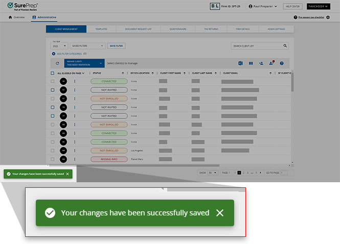 Notification appearing to indicate that the changes have been saved.