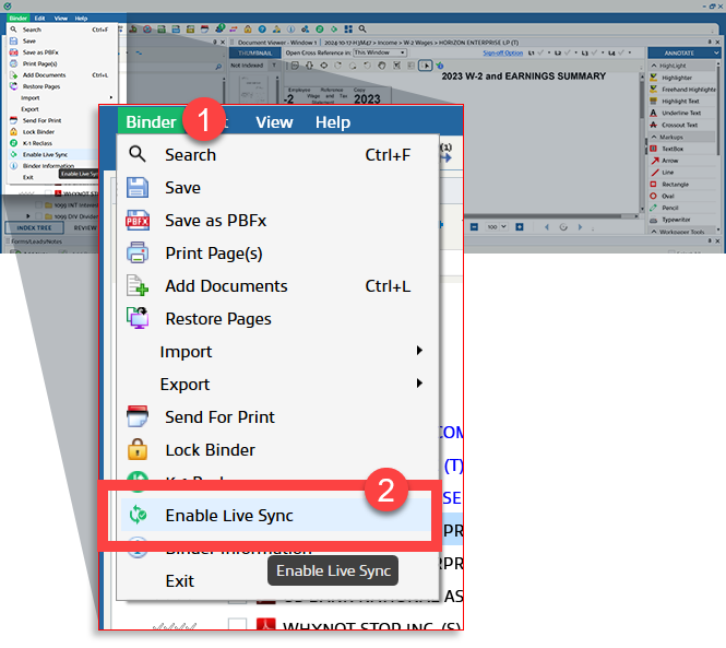 Go to the binder menu on the toolbar, then select Enable Live Sync