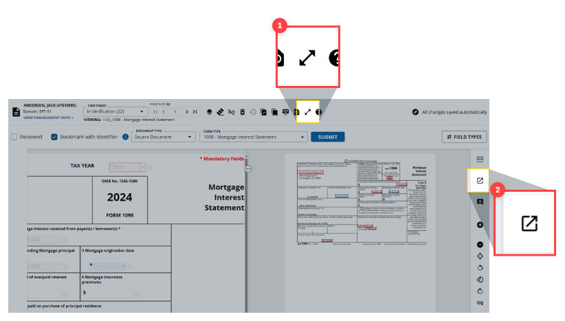 Select the expand template button, then the open document in a new window button to launch separate windows for the template and the scanned document