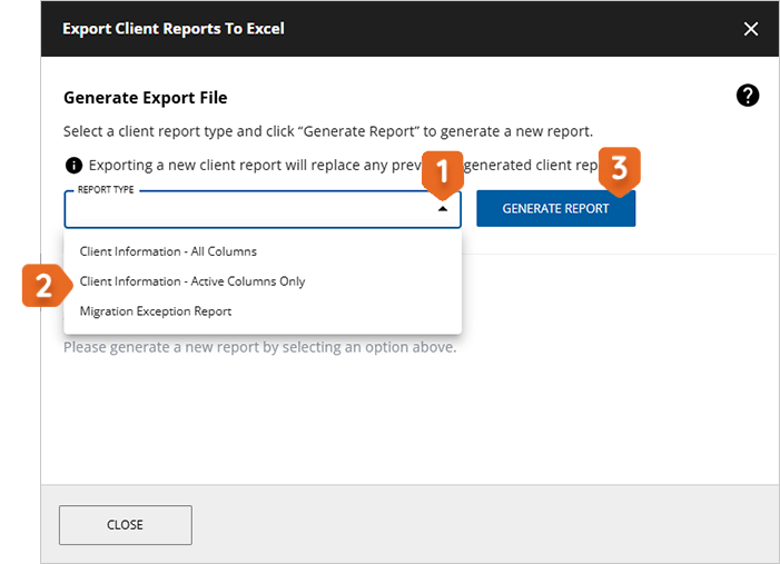 Export Client Reports to Excel window