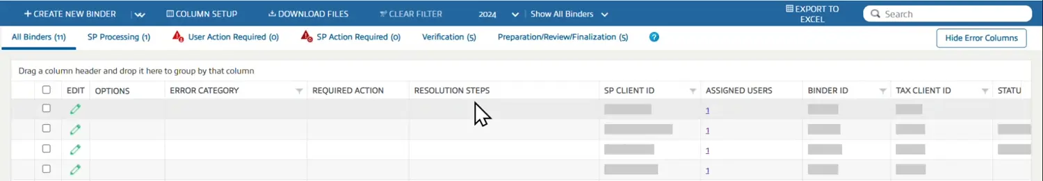 Shows animation of the Hide Errors Column button hiding the three error columns