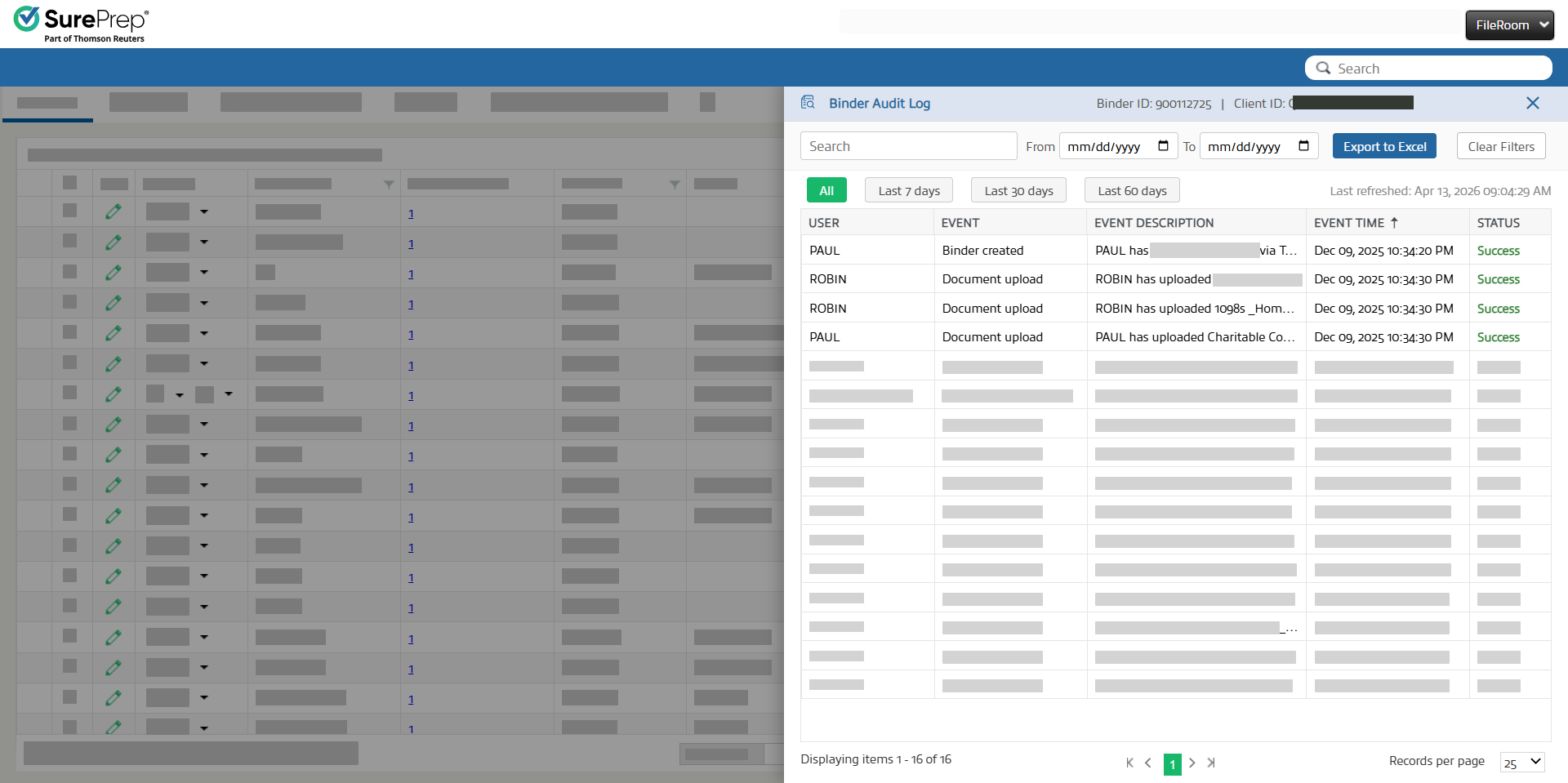 The Binder Audit Log panel shows a few binder event entries in the side panel
