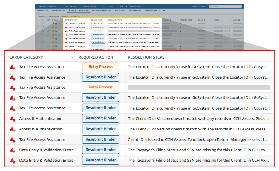 FileRoom columns to help resolve binders in error. Error Category, Required Action, and Resolution Steps