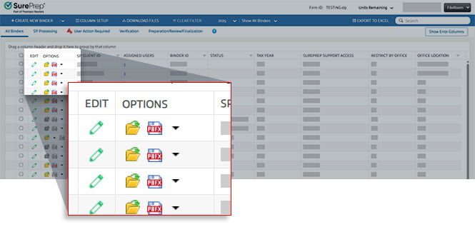 FileRoom Options column with icons on each row