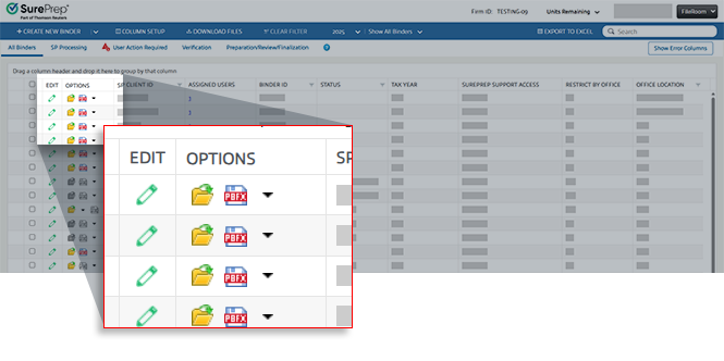 FileRoom Options column with icons on each row