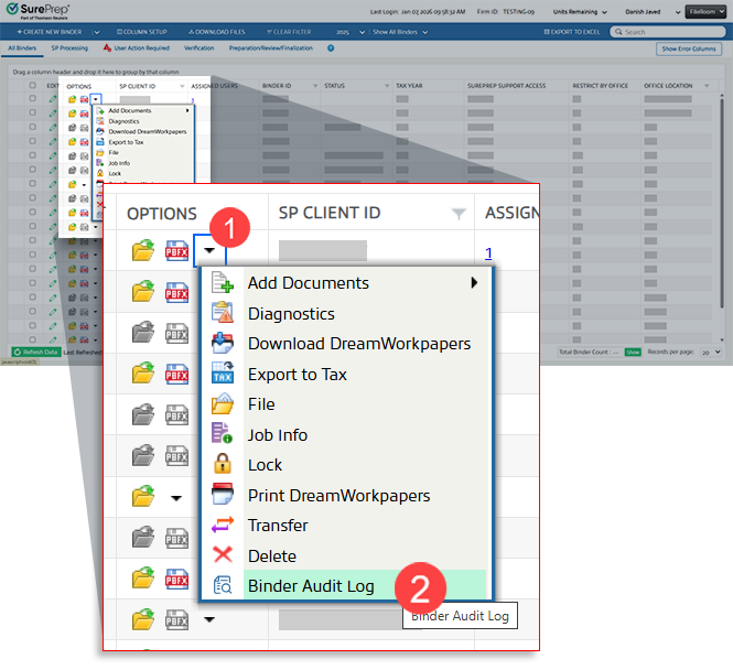 FileRoom options menu is active. Select the Binder Audit Log option from the menu.