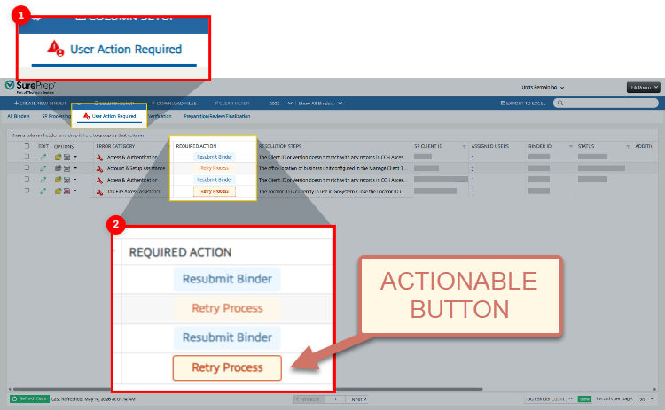 Screenshot of FileRoom, User Action Required tab highlighted, and Required Action column also highlighted with a button that says Retry Process