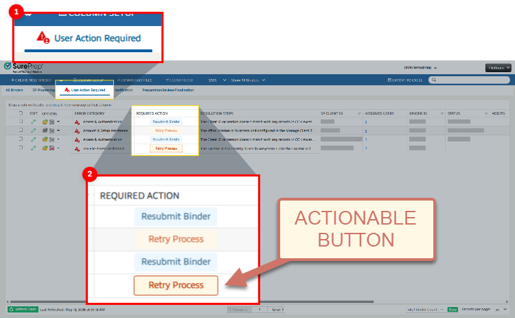 Screenshot of FileRoom, User Action Required tab highlighted, and Required Action column also highlighted with a button that says Retry Process