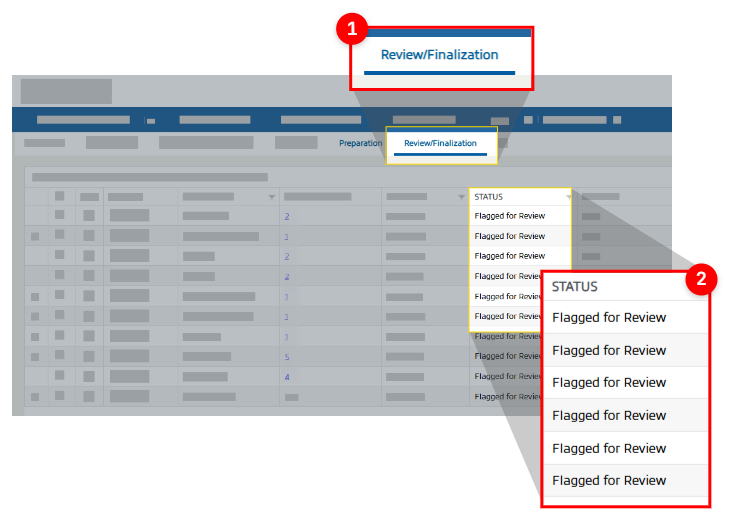 The Review / Finalization tab lists every binder flagged for review.