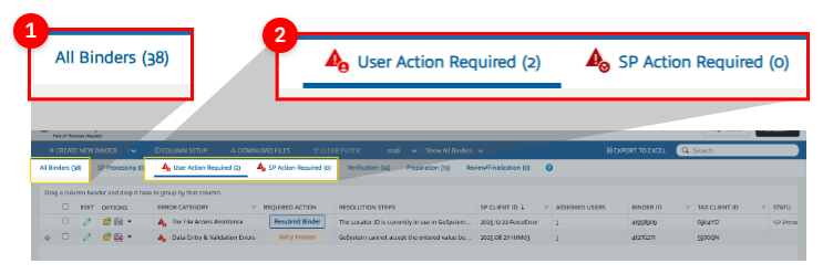 FileRoom tabs that can show binders in error. All binders, User Action Required, and SP Action Required.
