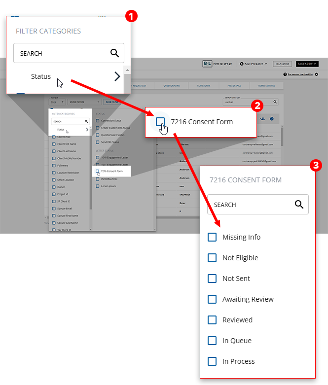 Filter statuses for the selected letter.