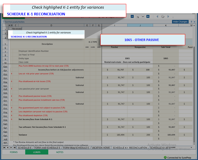Schedule K-1 Reconciliation sheet