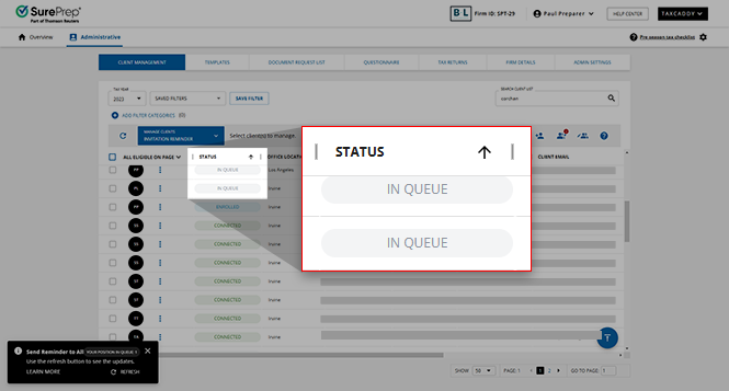 Status column showing the IN QUEUE status.