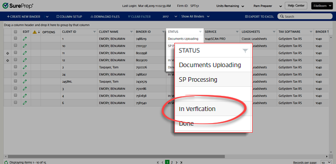 In Verification status in FileRoom