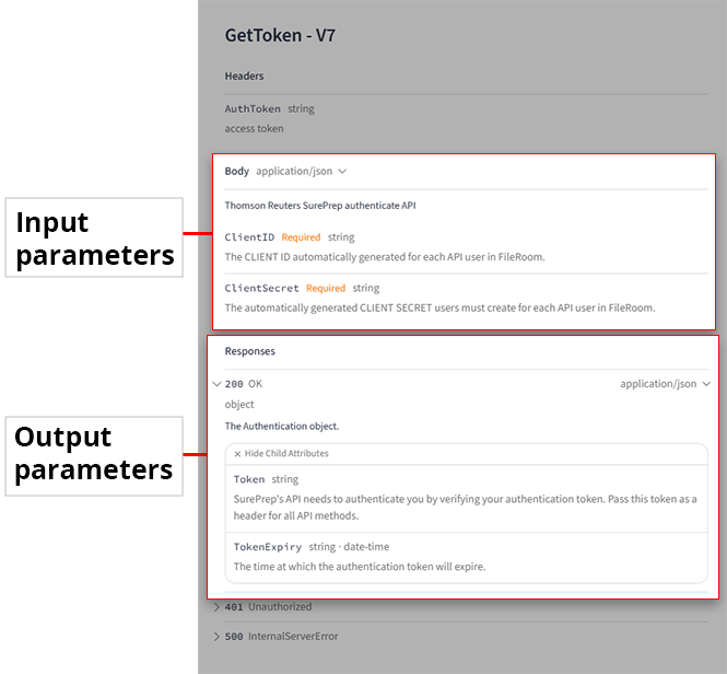 Input and output parameters in the API Reference page.