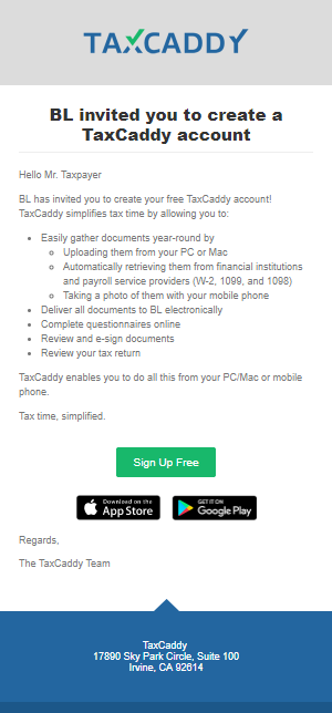 TaxCaddy client invitation email